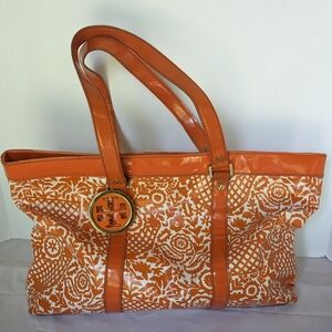 Tory Burch large Jane tote toy orange bird print